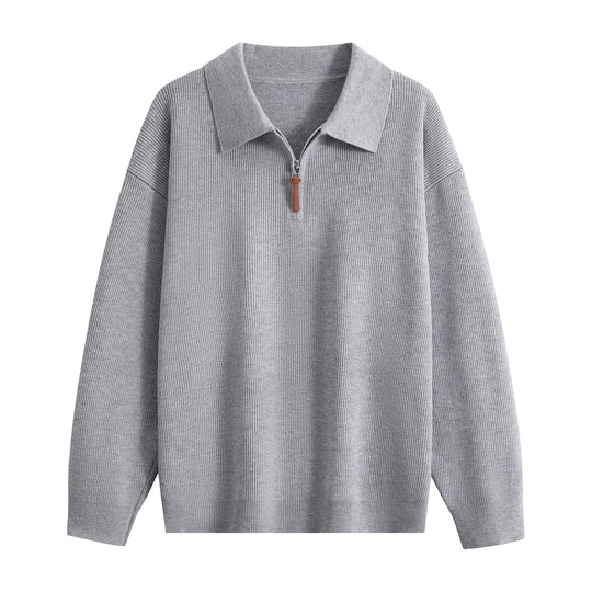 Damen Oversize Rippstrick-Pullover mit Polokragen & Kurz‑Zip Nord Taschen
