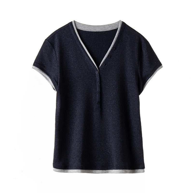 Damen Kurzärmeliges V-Ausschnitt-Henley-Shirt aus Stretch-Jersey mit feiner Knopfleiste Nord Taschen
