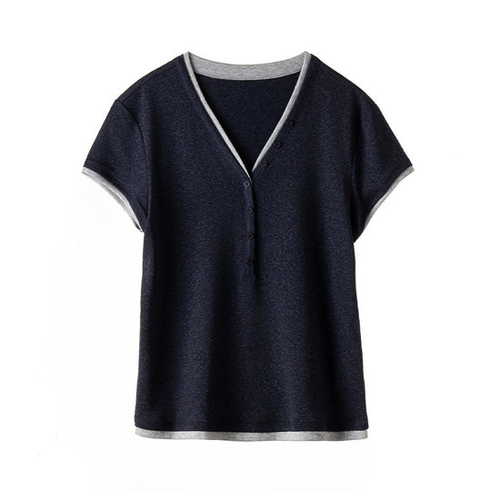 Damen Kurzärmeliges V-Ausschnitt-Henley-Shirt aus Stretch-Jersey mit feiner Knopfleiste Nord Taschen