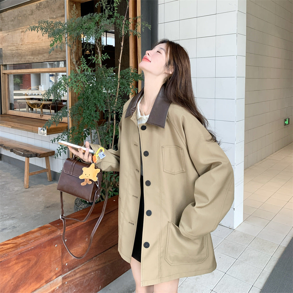 Damen Oversized Workwear-Übergangsjacke mit kontrastierendem Kragen und aufgesetzten Taschen Nord Taschen