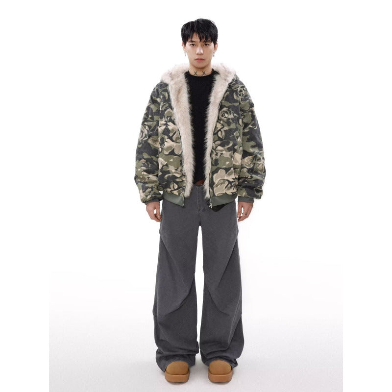 Herren Warmer gefütterter Camouflage-Bomber mit Kapuze und Kunstfellbesatz Nord Taschen