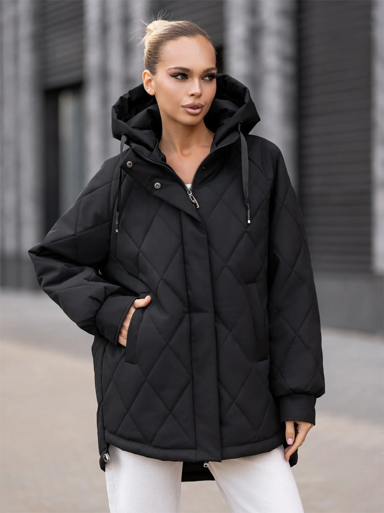 Damen Steppparka im Rhomben-Steppmuster mit Kapuze und verlängerter Rückseite Nord Taschen