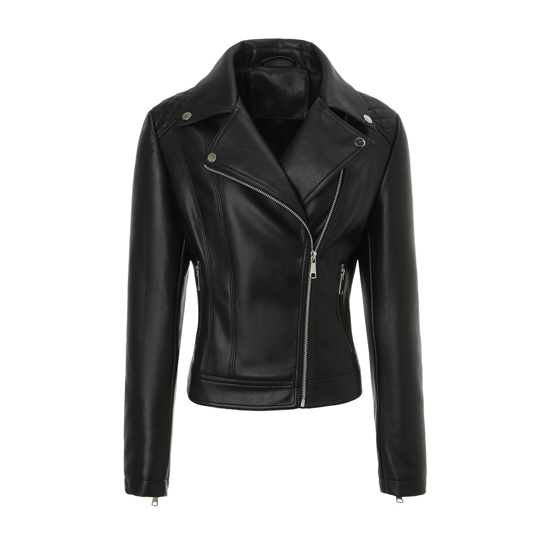 Damen taillierte Biker-Lederjacke mit Stepp-Schultern und asymmetrischem Reißverschluss Nord Taschen