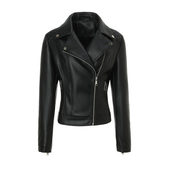 Damen taillierte Biker-Lederjacke mit Stepp-Schultern und asymmetrischem Reißverschluss Nord Taschen
