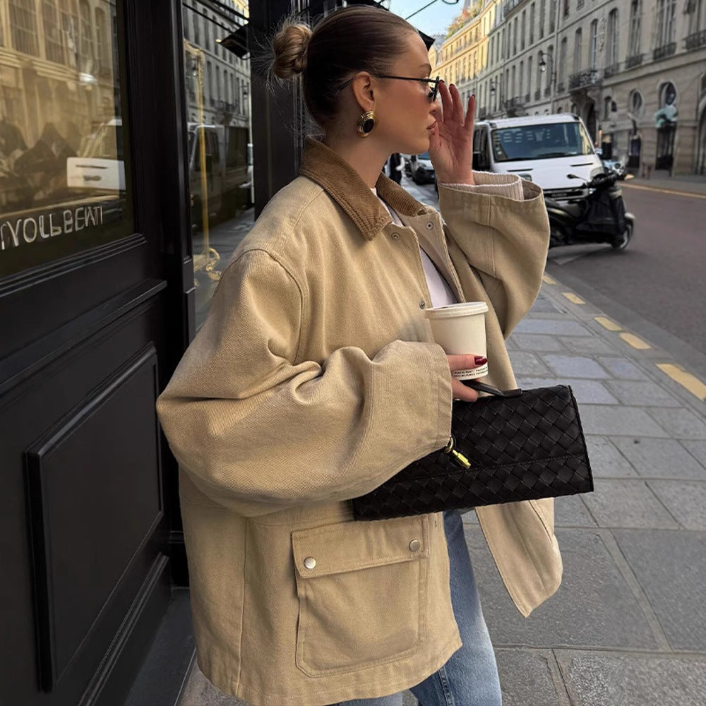 Damen Oversize-Fieldjacke mit Cordkragen, großen Pattentaschen und Druckknopfverschluss Nord Taschen