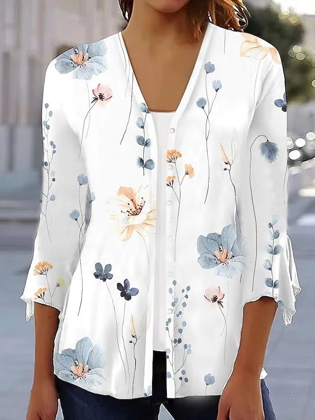 Damen nan leichte Chiffonbluse mit Aquarellblumenprint, V‑Ausschnitt, Knopfleiste und dreiviertelärmeln
