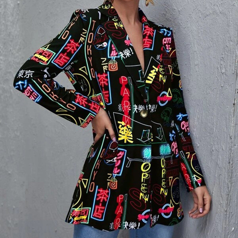 Damen Bedruckter Longblazer mit grafischem Street‑Art‑Muster und tailliertem Schnitt Nord Taschen