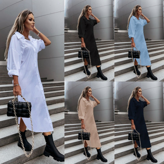 Damen Langes Oversize-Hemdblusenkleid mit durchgehender Knopfleiste, umgeschlagenen Ärmeln und tiefem Seitenschlitz Nord Taschen
