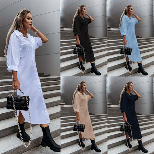 Damen Langes Oversize-Hemdblusenkleid mit durchgehender Knopfleiste, umgeschlagenen Ärmeln und tiefem Seitenschlitz Nord Taschen