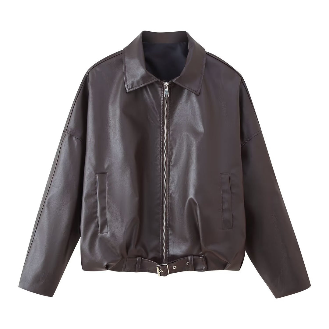 Damen Oversized Kunstleder-Bomberjacke mit Gürtel und Hemdkragen Nord Taschen