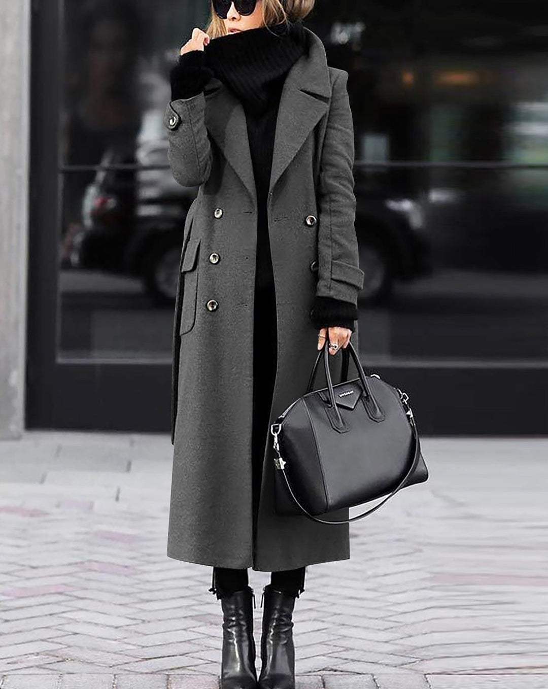 Damen Langer Doppelreihiger Wollmix-Mantel mit markantem Revers und Pattentaschen Nord Taschen