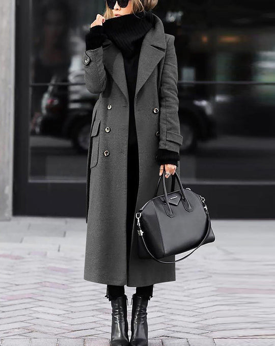 Damen Langer Doppelreihiger Wollmix-Mantel mit markantem Revers und Pattentaschen Nord Taschen