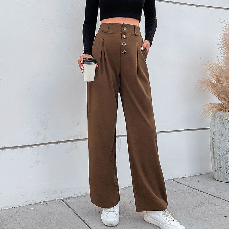 Damen Hochtaillierte weite Stoffhose mit Zierknopfleiste und Bundfalten Nord Taschen