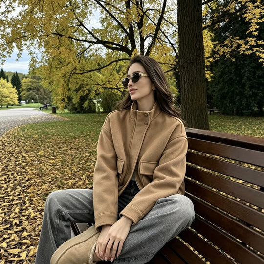 Damen Wollmix-Blousonjacke mit Stehkragen, großen Klappentaschen und elastischem Saum Nord Taschen
