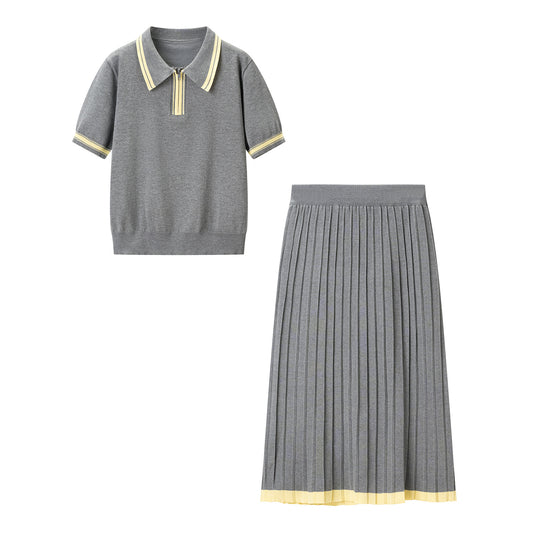 Damen Zweiteiliges Strick-Set mit Poloshirt und plissiertem Midirock Nord Taschen