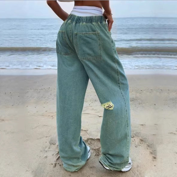 Damen Weite Vintage-Denim-Hose mit elastischem Tunnelzugbund und bodenlangem Baggy-Schnitt Nord Taschen