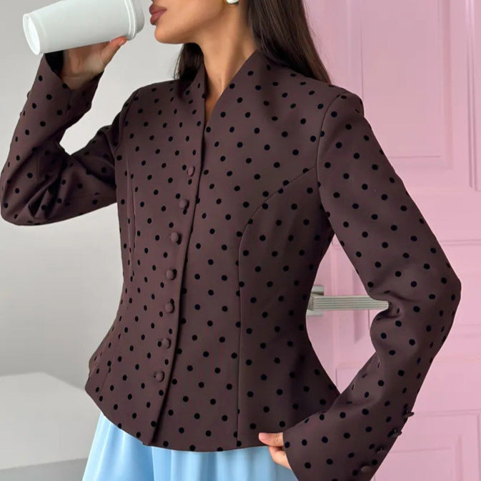 Damen Taillierter Stehkragen-Blazer mit Punktmuster und verdeckter Knopfleiste Nord Taschen