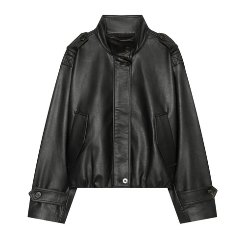 Damen Cropped Kunstleder-Fieldjacke mit hohem Stehkragen, Schulterriegeln und elastischem Saum Nord Taschen