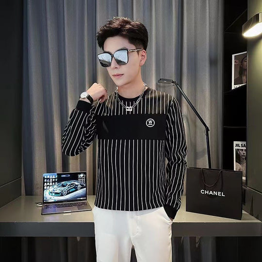 Herren Gestreiftes Langarmshirt mit Brustpasse und Rundhalsausschnitt Nord Taschen