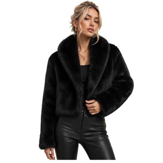 Damen Cropped Kunstpelz-Kurzjacke mit extravoluminösem Schalkragen Nord Taschen