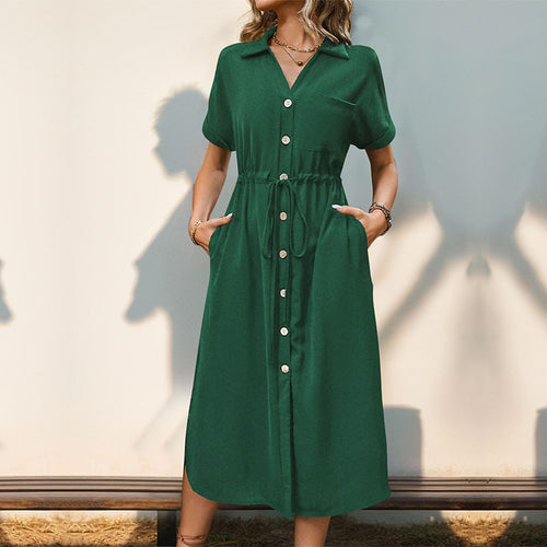Damen Langarm Hemdblusenkleid mit Taillengürtel Nord Taschen