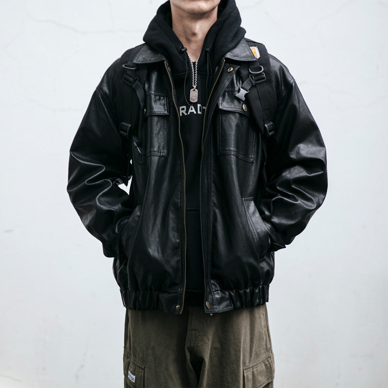 Herren Oversized Lederoptik-Utility-Jacke mit Pattentaschen und elastischem Saum Nord Taschen