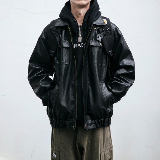 Herren Oversized Lederoptik-Utility-Jacke mit Pattentaschen und elastischem Saum Nord Taschen