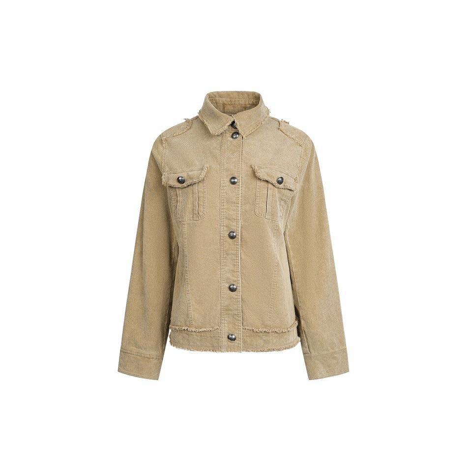 Damen Kurz geschnittene Cordjacke mit Fransenabschlüssen, Hemdkragen und Pattentaschen Nord Taschen