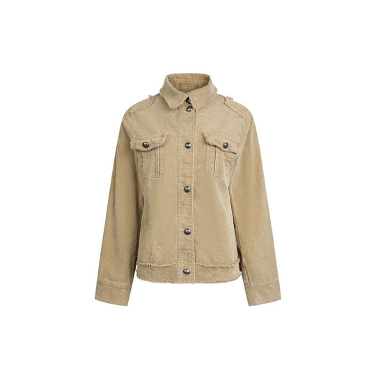 Damen Kurz geschnittene Cordjacke mit Fransenabschlüssen, Hemdkragen und Pattentaschen Nord Taschen