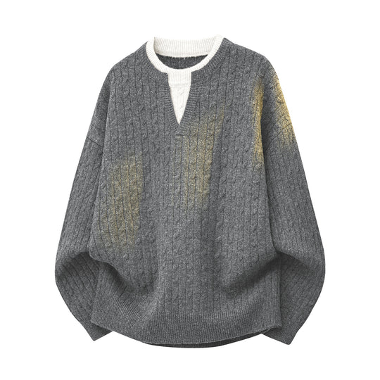 Damen Oversize Zopfstrick-Pullover mit V‑Ausschnitt und Lagenkragen Nord Taschen
