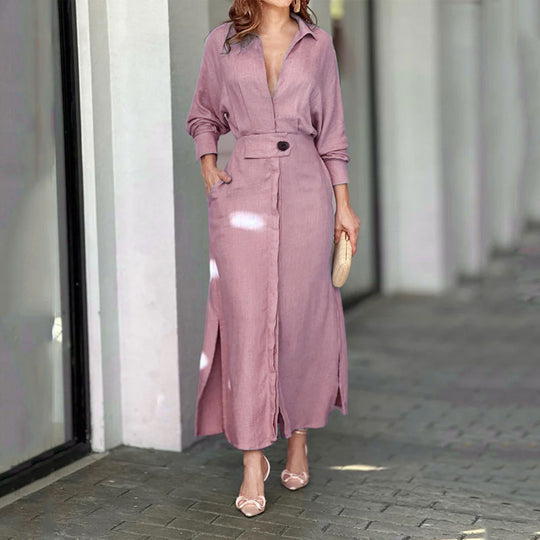 Damen Leinen-Maxikleid mit Hemdkragen, Taillengürtel und seitlichen Beinschlitzen Nord Taschen