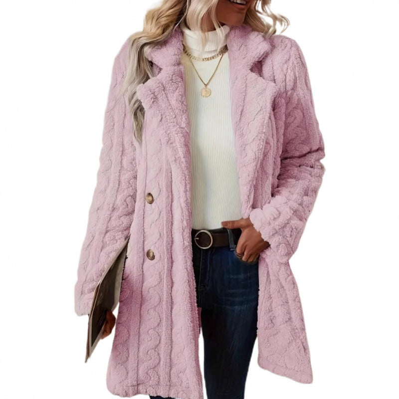 Damen Midilanger Teddy-Mantel mit Zopfmuster, Reverskragen und doppelt geknöpfter Front Nord Taschen