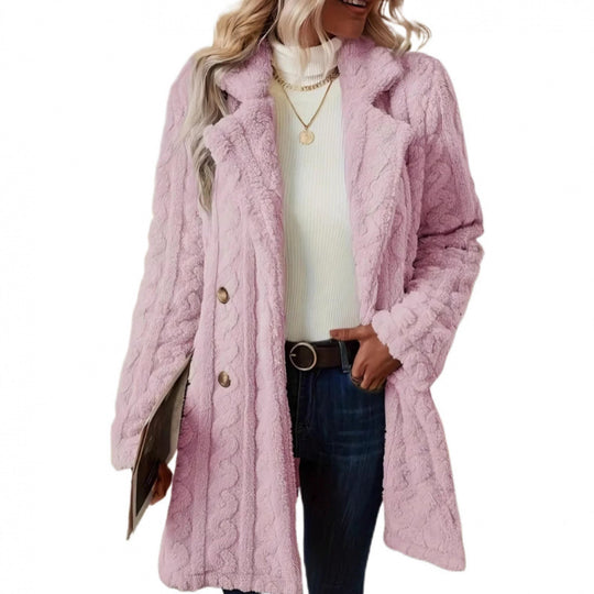 Damen Midilanger Teddy-Mantel mit Zopfmuster, Reverskragen und doppelt geknöpfter Front Nord Taschen