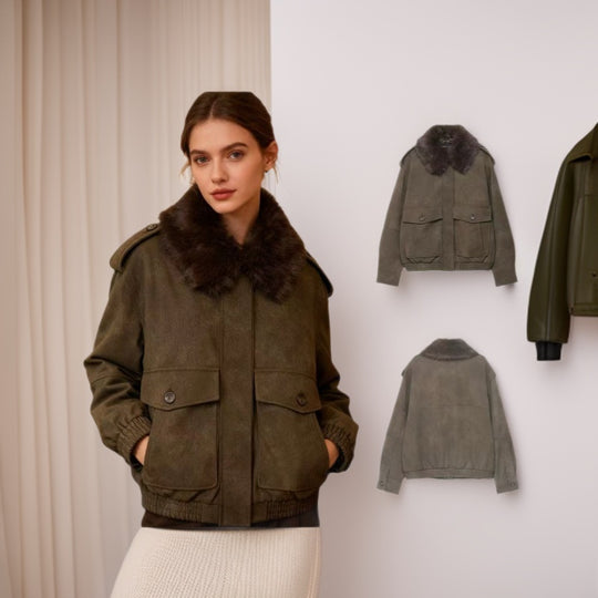 Damen Kurzjacke in Velourslederoptik mit abnehmbarem Fellkragen und Pattentaschen Nord Taschen