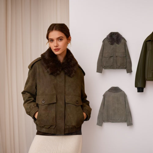 Damen Kurzjacke in Velourslederoptik mit abnehmbarem Fellkragen und Pattentaschen Nord Taschen