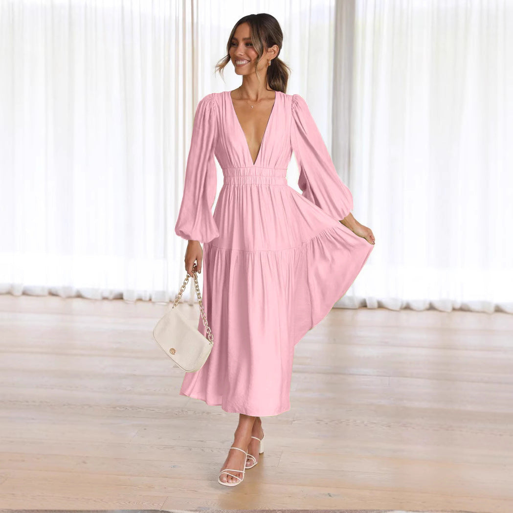 Damen Langarm Maxikleid mit tiefem V-Ausschnitt und weitem Rock