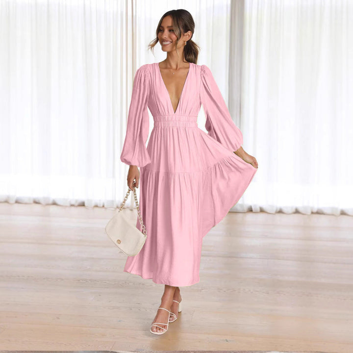 Damen Langarm Maxikleid mit tiefem V-Ausschnitt und weitem Rock
