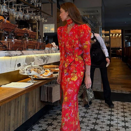 Damen Wickel-Maxikleid mit floralem Print, Puffärmeln und Schalkragen Nord Taschen