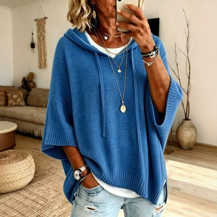 Damen Oversize Strick-Poncho mit Kapuze, Fledermausärmeln und Seitenschlitzen Nord Taschen