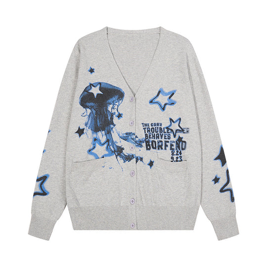 Damen Geknöpfte V‑Neck Strickjacke mit Allover-Print, Eingrifftaschen und geripptem Saum Nord Taschen