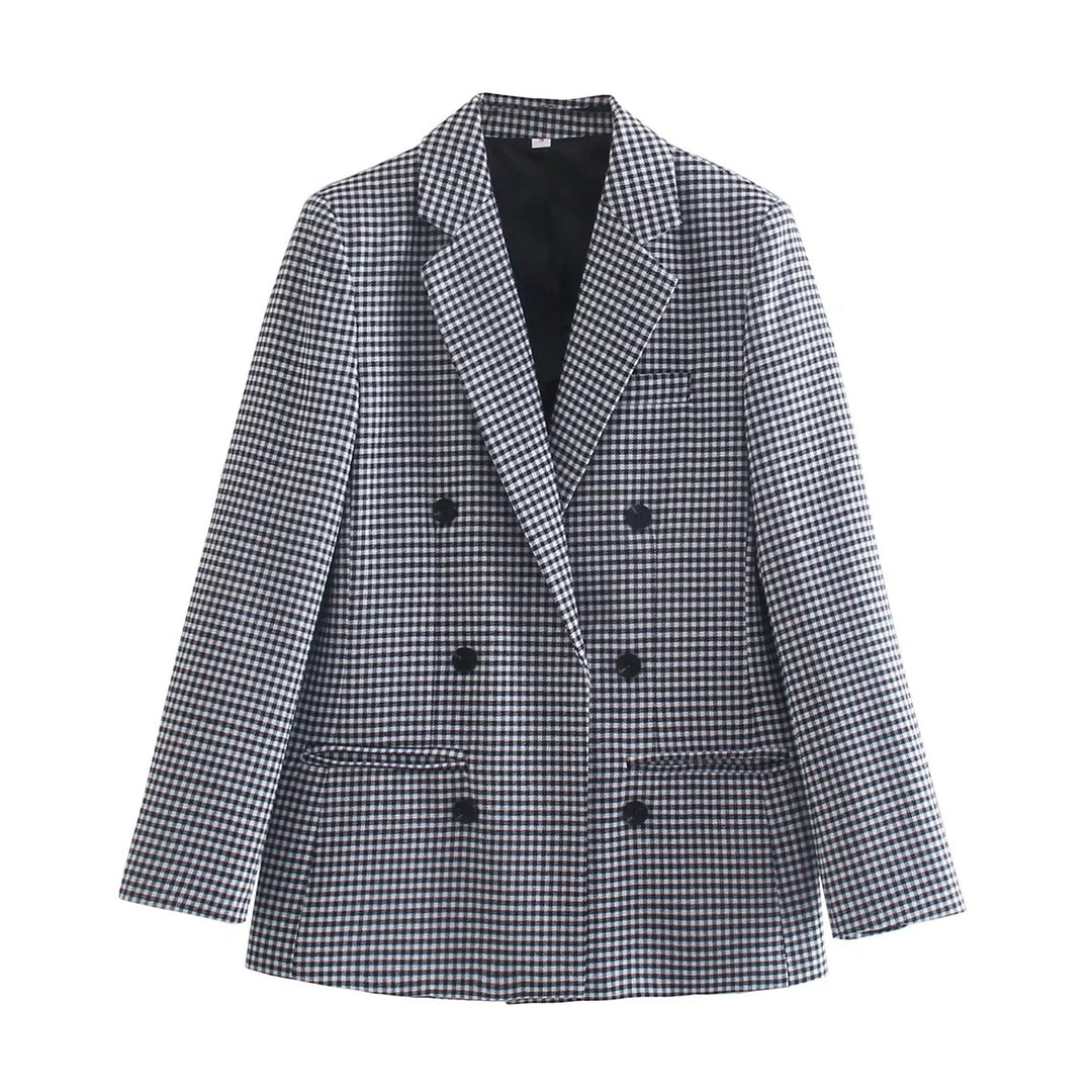 Damen Doppelreihiger Wollmix-Blazer im Glencheck/Hahnentritt mit leicht boxy Schnitt Nord Taschen