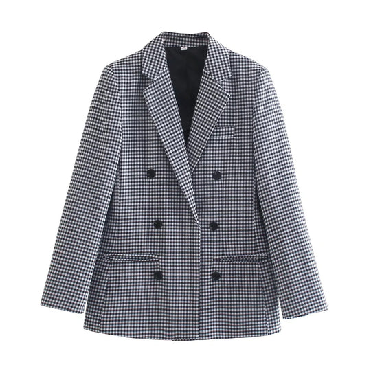 Damen Doppelreihiger Wollmix-Blazer im Glencheck/Hahnentritt mit leicht boxy Schnitt Nord Taschen