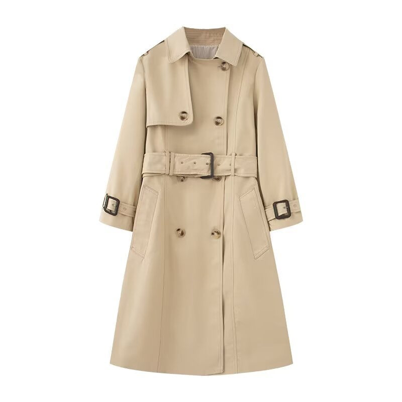 Damen Langer taillierter Trenchcoat mit doppelreihiger Knopfleiste, Taillengürtel und Ärmelriegel Nord Taschen