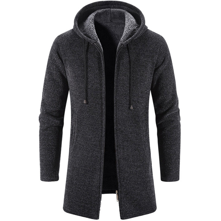 Herren langer Kapuzenstrickmantel mit Teddyfutter, durchgehendem Reißverschluss und seitlichen Eingrifftaschen Nord Taschen