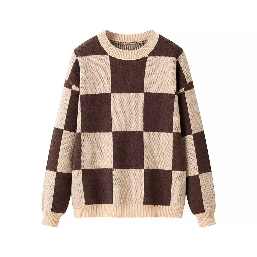 Damen Oversize-Strickpullover mit großem Karo‑Muster und geripptem Saum Nord Taschen