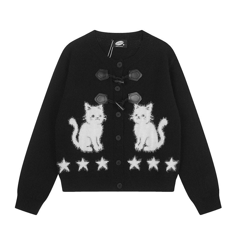 Damen Strickjacke mit Katzen-Jacquard, Zierknebelverschluss und Sternbordüre Nord Taschen