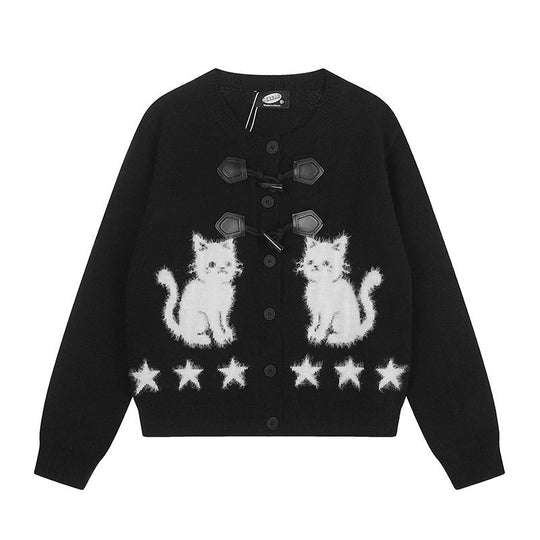 Damen Strickjacke mit Katzen-Jacquard, Zierknebelverschluss und Sternbordüre Nord Taschen