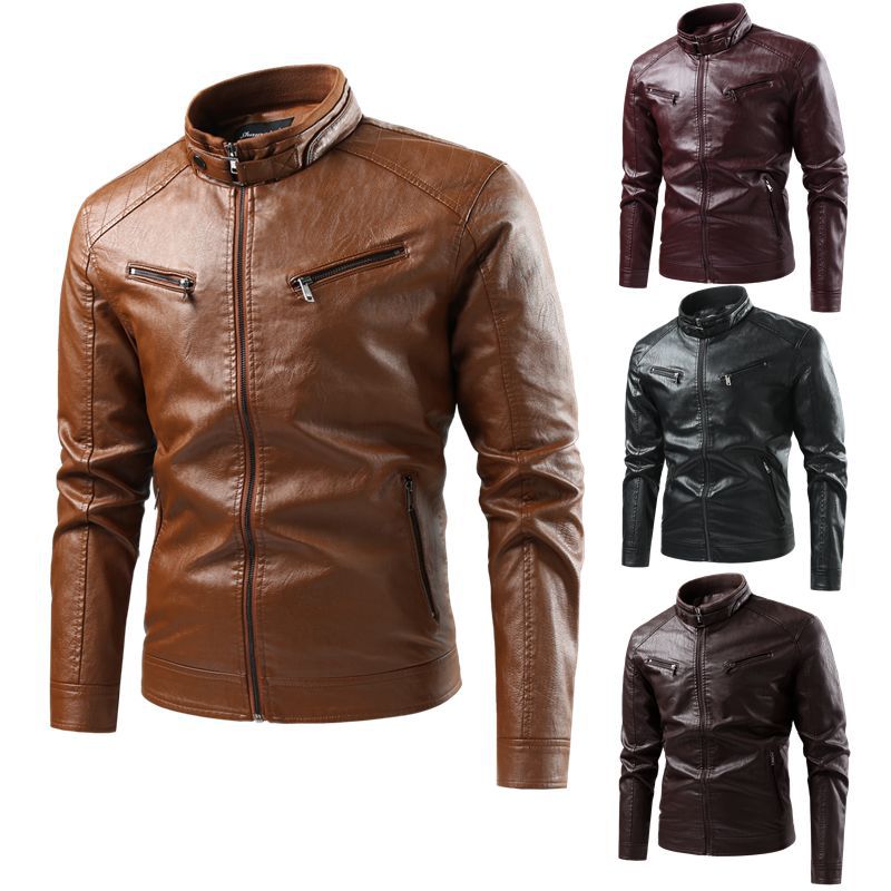 Herren Modische Kunstlederjacke mit Stehkragen und praktischen Taschen Nord Taschen