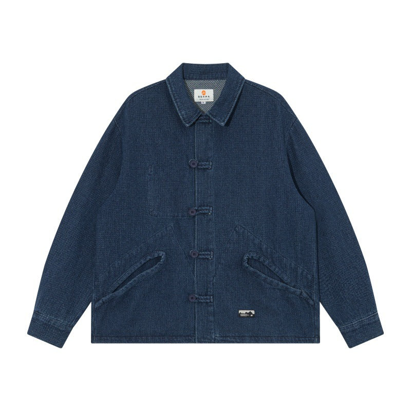 Herren Kurz geschnittene Denim-Chorejacke im Boxy-Blousonstil mit chinesischer Knebelknopfleiste Nord Taschen