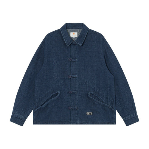 Herren Kurz geschnittene Denim-Chorejacke im Boxy-Blousonstil mit chinesischer Knebelknopfleiste Nord Taschen